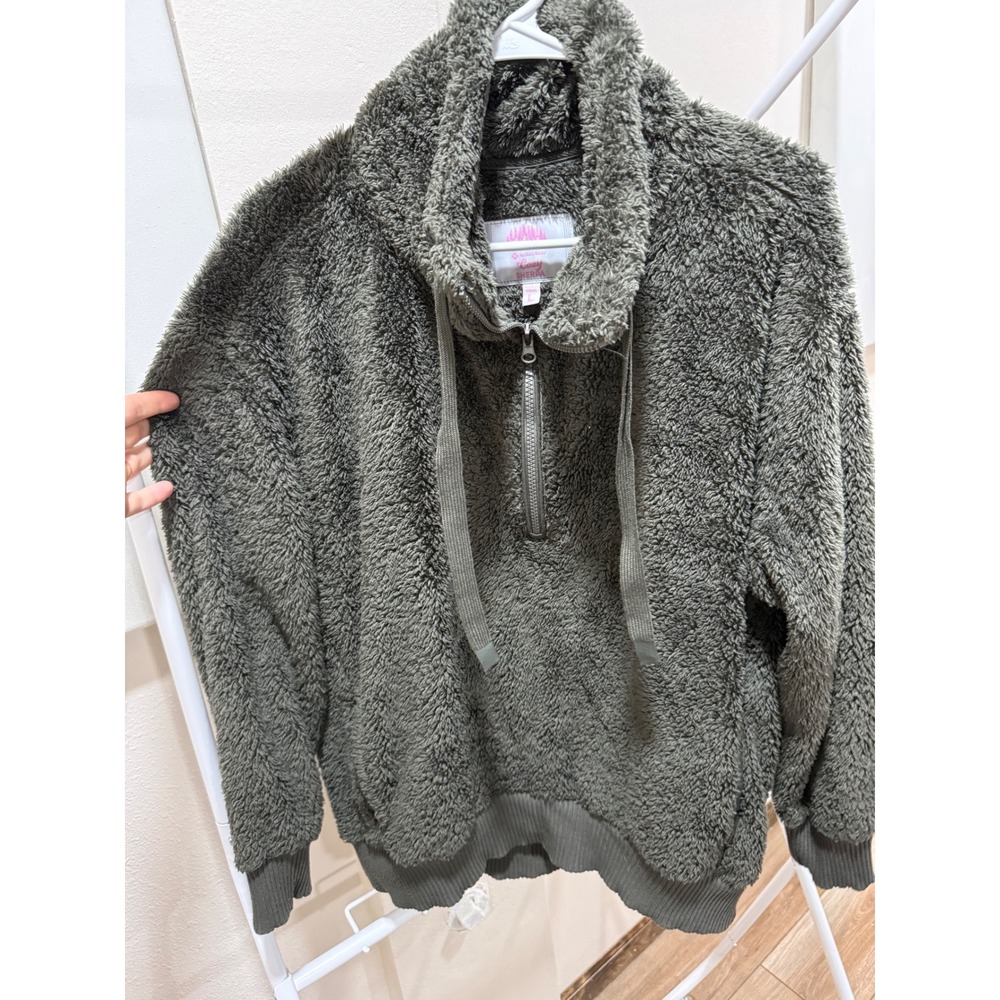 Members Mark Womens Cozy Sherpa Quarter Zip Pullover Olive Green Fleece Large